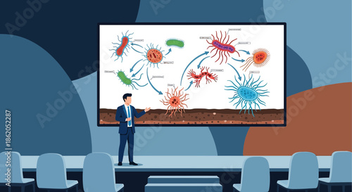 Presentation of diverse microorganisms by a speaker in a modern room setting showcasing scientific