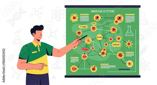 Presenter explaining the immune system processes with T-cells, B-cells and antibodies diagram