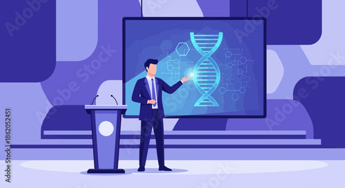 Presenter unveiling biotech innovations during a scientific conference with dna display