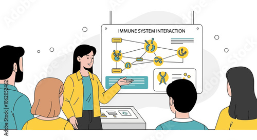 Presentation on immune system interaction displayed with vector graphics and audience attentively