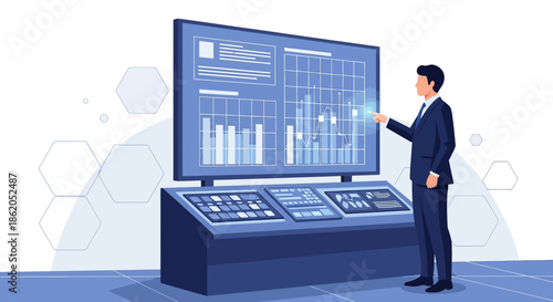 Professional analyzing complex data visualizations on a large interactive screen interface