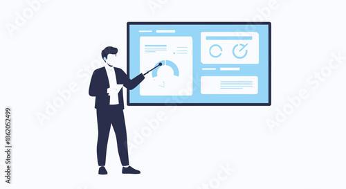 Professional presentation of analytical dashboard and metrics by business executive with pointer