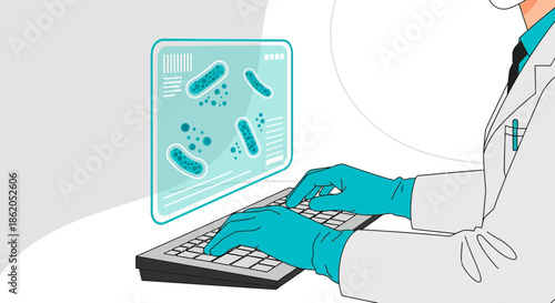 Researcher analyzing microbiological data on a computer screen, wearing protective gloves and a