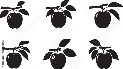 Stylized black silhouette pattern of apples on a branch with leaves in a grid layout