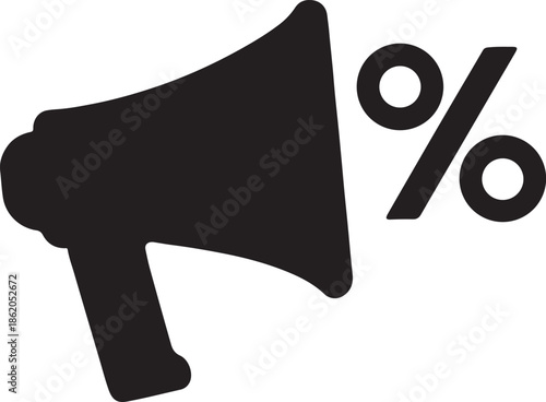Megaphone fused with percent symbol representing promotion, discount marketing and sales icon