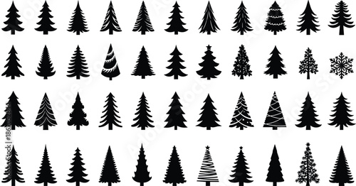Collection of black and white Christmas tree with snowflake