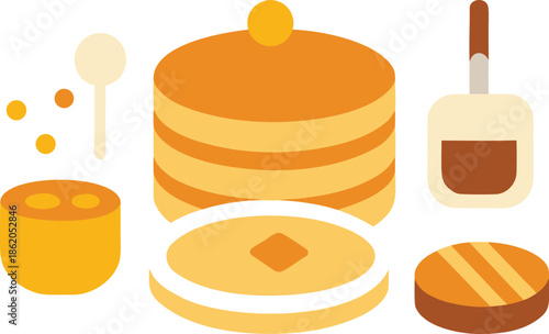 Stacked pancakes with syrup and honey