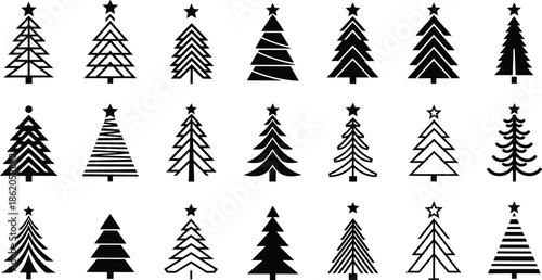 Collection of black and white Christmas tree with stars on holiday festive