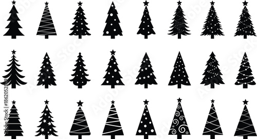 Collection of black and white Christmas tree with various decorations holiday star