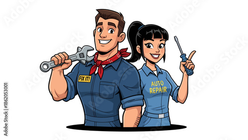 Man and woman in blue uniforms holding tools standing together