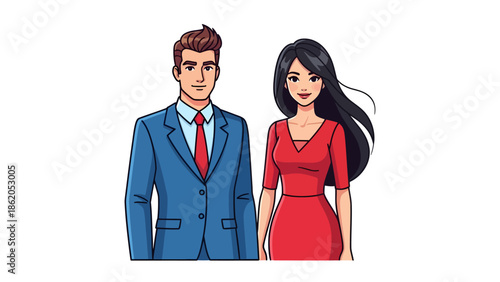 Illustration of a man and woman standing together in formal attire