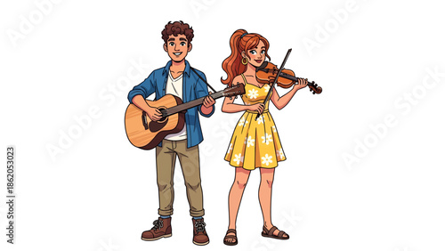 Man and woman playing musical instruments together in a joyful scene