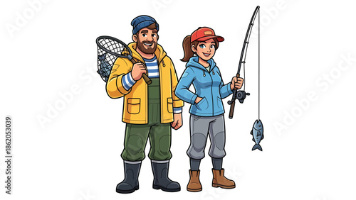 Couple Engaged in Recreational Fishing Activity Together Outdoors