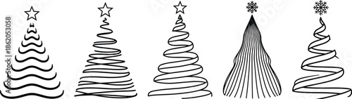 Five black and white Christmas tree with different styles and decorations holiday