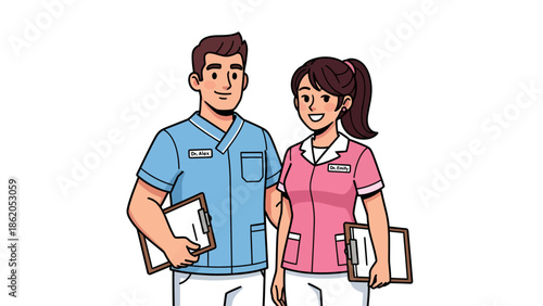Medical professionals standing together, male and female colleagues, healthcare environment, vector illustration, workplace scene