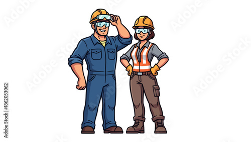 Two workers in hard hats and safety vests standing together in an industrial setting