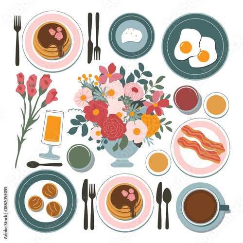 Colorful breakfast table setting with flowers and food vector