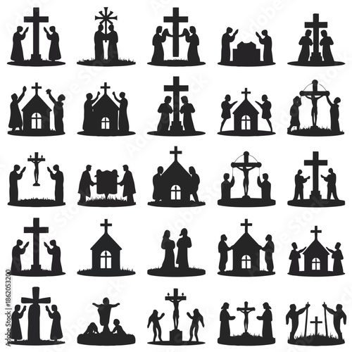 collection of silhouette icons depicting religious scenes and symbols in various settings high quality professional detailed