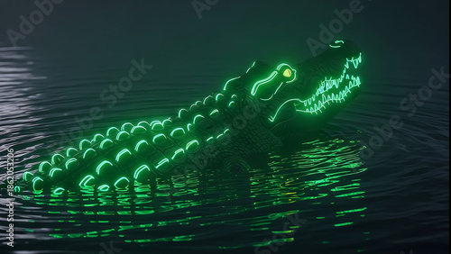 Glowing green crocodile in dark water with neon lights
