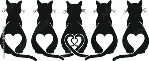 Five black cat silhouettes with heart shapes in their bellies love