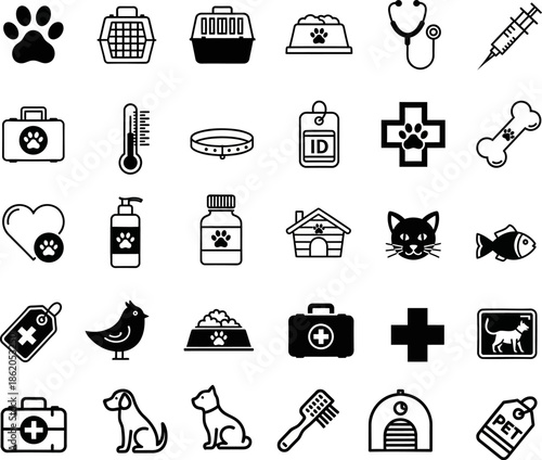 Collection of veterinary and pet care line icons representing animal health services and medical supplies