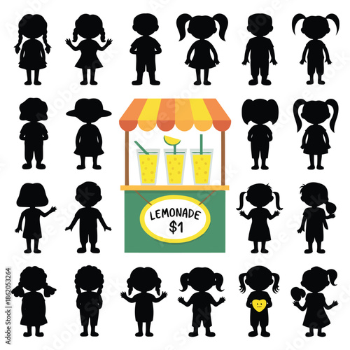 Silhouette of children around a colorful lemonade stand on white background vector