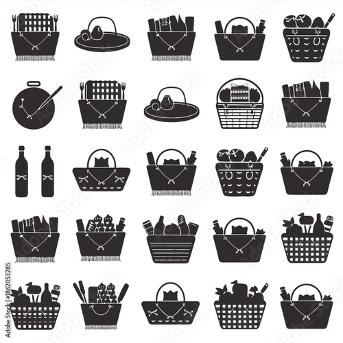 Collection of black picnic baskets and wine bottles icons in various styles and arrangements on white background