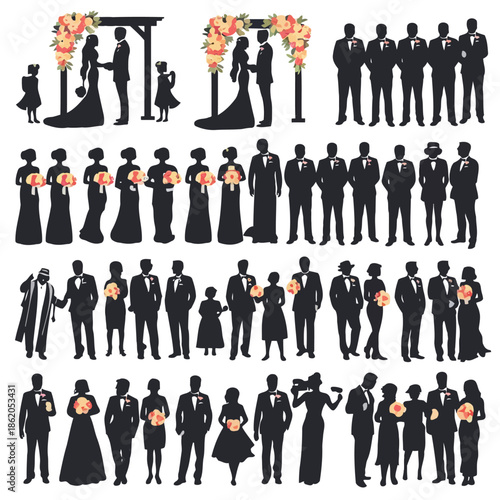 Collection of wedding party silhouettes in various poses and arrangements for ceremony and celebration high quality