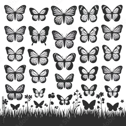 black and white butterflies and flowers on grass illustration high quality professional detailed modern elegant stylish