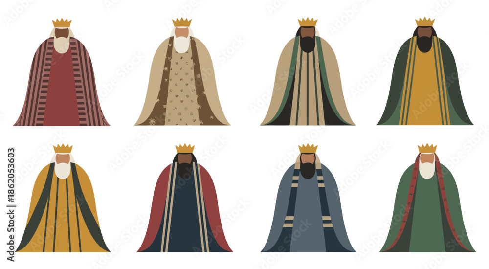 Fototapeta premium Three Kings Procession Figures, Vector Illustration Showing Royal Characters in Various Robes, Crowns