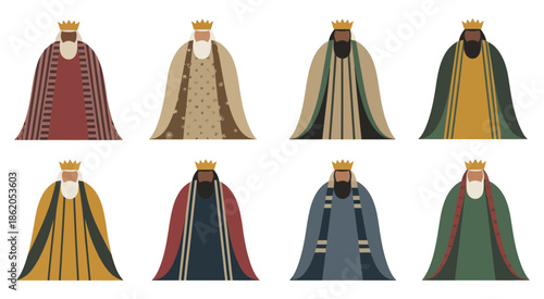 Three Kings Procession Figures, Vector Illustration Showing Royal Characters in Various Robes, Crowns
