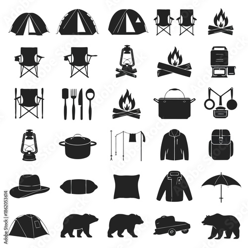 collection of camping and outdoor icons in black silhouettes on white background high quality professional detailed