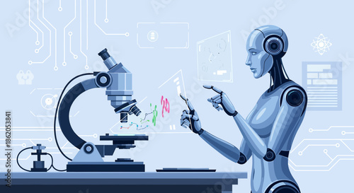 Robotic scientist analyzing microscopic data with advanced technology interface system