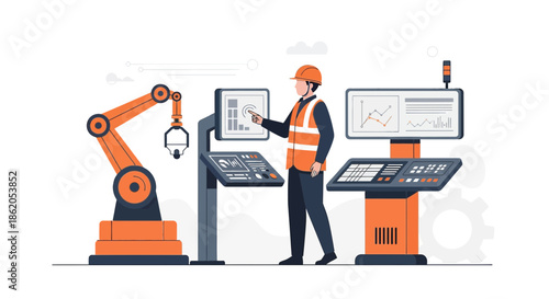 Robotic automation illustration showing industry worker monitoring production process using