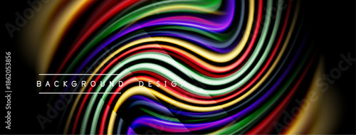 Abstract colorful waves create dynamic background. Fluid lines blend, forming vibrant, modern design. Bright hues contrast dark space.