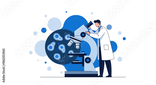 Scientific Discovery Illustration: Researcher Examining Microscopic Organisms Under Microscope