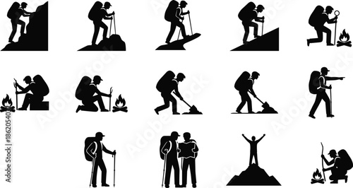 Silhouette Figures Engaging in Various Outdoor and Survival Activities
