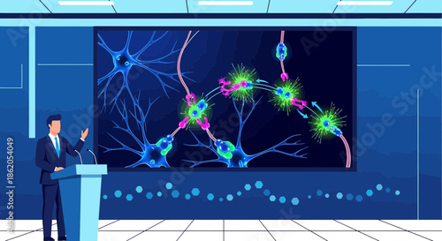 Scientific presentation with neuron illustration and presenter, showcasing neural network activity