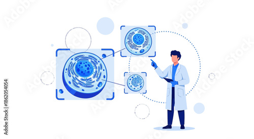 Scientific research of cell structure with doctor analysing genetic structure concept