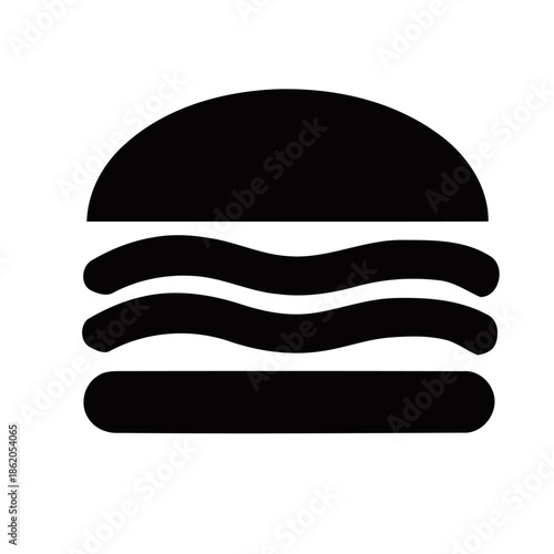 A simple, black-and-white graphic illustration of a burger on a plain white background