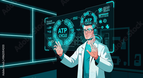 Scientist Analyzing ATP Cycle Data on a Transparent Futuristic Screen in a Laboratory