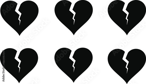 Six black broken heart symbols with cracks in a two by three grid arrangement