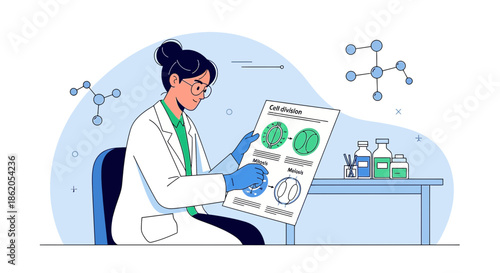 Scientist analyzing cell division process in laboratory setting with equipment present near study