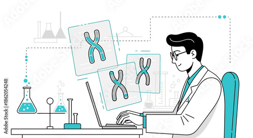 Scientist analyzing chromosome data on a laptop in a modern laboratory setting atmosphere