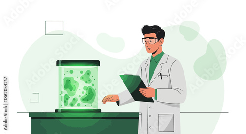 Scientist analyzing culture growth in a lab with green microorganisms and recording observations