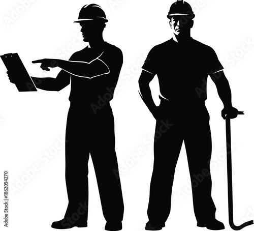 Silhouettes of construction workers with clipboard and crowbar, black figures, planning and labor posture, white background, teamwork and industry illustration