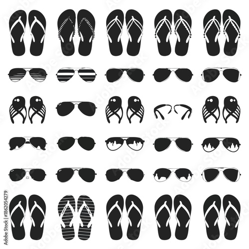 Collection of black and white flip flops and various sunglasses on a plain white background
