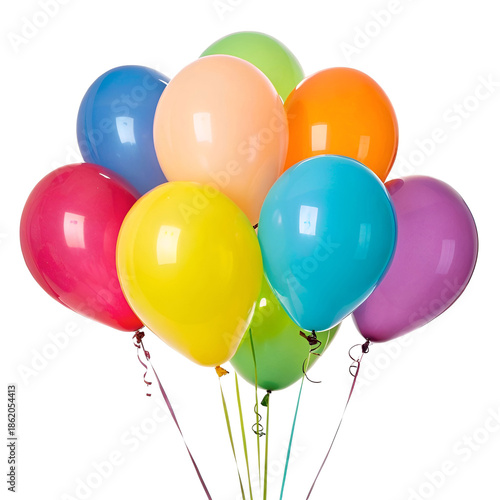Vibrant helium balloons in various colors, isolated on white background.