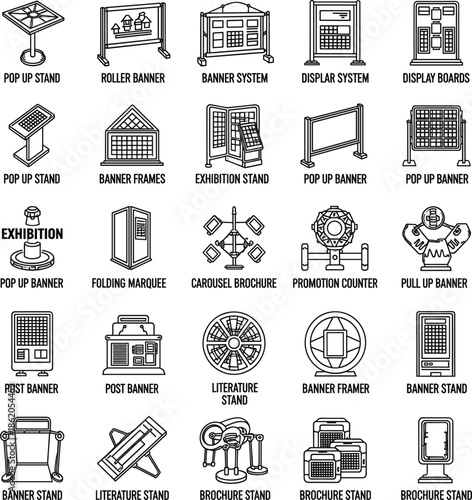 Collection of trade show exhibition line icons including pop up stands roller banners and promotional display systems.