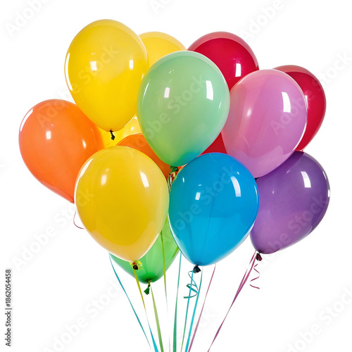 Vibrant helium balloons in various colors, isolated on white background.